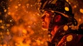 A firefighter bravely battling a wall of flames illuminated by the sparks flying around them