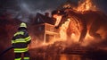 Firefighter bravely confronts sinister fire dragon amidst house fire symbolizing heroic struggle