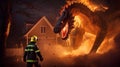 Firefighter bravely confronts sinister fire dragon amidst house fire symbolizing heroic struggle