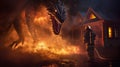 Firefighter bravely confronts sinister fire dragon amidst house fire symbolizing heroic struggle