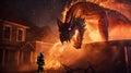 Firefighter bravely confronts sinister fire dragon amidst house fire symbolizing heroic struggle