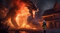 Firefighter bravely confronts sinister fire dragon amidst house fire symbolizing heroic struggle