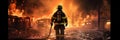Firefighter Standing in Front of Fire. Generative AI.