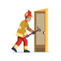 Firefighter breaching a door with a halligan bar in flat vector style Royalty Free Stock Photo
