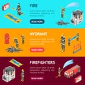 Firefighter and Building on Fire Banner Horizontal Set 3d Isometric View. Vector Royalty Free Stock Photo