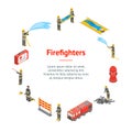 Firefighter and Building on Fire Concept Banner Card Circle 3d Isometric View. Vector Royalty Free Stock Photo