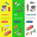 Firefighter and Building on Fire Concept Banner Vecrtical Set 3d Isometric View. Vector Royalty Free Stock Photo