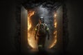 Firefighter in burning building, firemen on fire and smoke background, generative AI