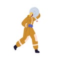 Firefighter carrying hose. Fire fighter, fireman hurrying, holding firehose, firefighting equipment. Emergency service