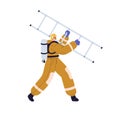 Firefighter carrying ladder. Fire fighter, fireman going, holding steps, firefighting equipment. Emergency service