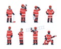 Firefighter. Cartoon fireman characters wear professional rescue uniform. Men hold flame extinguisher and ladder Royalty Free Stock Photo