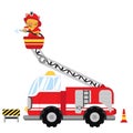 Firefighter cat with a car isolated on white background cartoon vector illustration