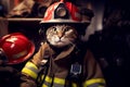 Firefighter cat portrait on duty. Fireman with red helmet. Portrait of heroic fireman in protective suit and red helmet