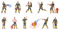 Firefighter characters emergency service watering fire and save people. Firefighting emergency situations vector