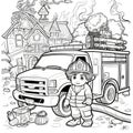 Firefighter Coloring Page. Coloring page of a firefighter standing in front of a fire truck Royalty Free Stock Photo