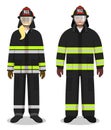 Firefighter concept. Couple of fireman and firewoman standing together on white background in flat style. Flat design people