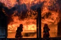 Firefighter Concept. Fireman using water and extinguisher to fighting with fire flame. firefighters fighting a fire with a hose an