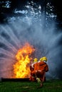 Firefighter Concept. Fireman using water and extinguisher to fighting with fire flame. firefighters fighting a fire with a hose an