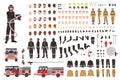 Firefighter creation set or constructor. Collection of fireman body parts, facial expressions, protective clothing Royalty Free Stock Photo