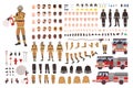 Firefighter creation set or DIY kit. Bundle of fireman body parts, facial expressions, protective clothing, equipment