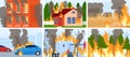 Firefighter dangerous profession, industrial accident, explosion hazard, big flame, design in cartoon, vector