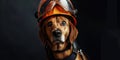 Firefighter dog on a dark background. Rescue animal. Dog in a fireman\'s helmet. Banner with copy space