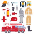 Firefighter elements coloured fire department emergency icons safety equipment protection vector illustration. Royalty Free Stock Photo