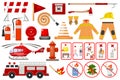 Firefighter elements fire department emergency city safety danger equipment fireman protection vector illustration.