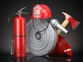 Firefighter equipment and tools. Fire hose, fire hat, extinguisher and axe, symbols of firefighter profession