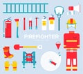 Firefighter equipment and tools flat icons.