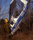 Firefighter examines a plane crash in wooded area