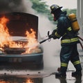 Firefighter Extinguish Burning melting ev electric Car with chemical foam, on a parking lot daytime