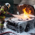 Firefighter Extinguish Burning melting ev electric Car with chemical foam, on a parking lot daytime