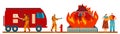 Firefighter extinguish fire in burning house, people accident victims, vector illustration