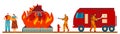 Firefighter extinguish fire in burning house, people accident victims, vector illustration