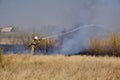 Firefighter extinguishes burning, dry grass from fire hose Royalty Free Stock Photo