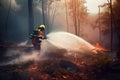 A firefighter extinguishes a burning forest, the image is completely generated by Ai