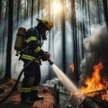 A firefighter extinguishes a fire in the forest. Royalty Free Stock Photo
