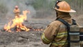 Firefighter extinguishing a fire in a forest Firefighters fighting a fire Royalty Free Stock Photo