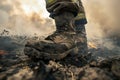 A firefighter in a field of fire, wearing a helmet and standing among flames Royalty Free Stock Photo