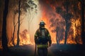 Firefighter fighting the bushfire, illustration generated by AI