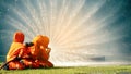 Firefighter fighting with flame using fire hose chemical water foam spray engine. Fireman wear hard hat, body safe suit uniform Royalty Free Stock Photo