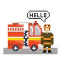 Firefighter with fire machine in pixel art