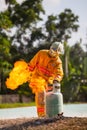 Firefighter with fire and suit for protect fire fighter for training firefighters. Royalty Free Stock Photo