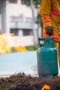 Firefighter with fire and suit for protect fire fighter for training firefighters Royalty Free Stock Photo