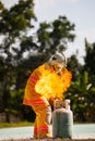 Firefighter with fire and suit for protect fire fighter for training firefighters Royalty Free Stock Photo