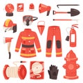 Firefighter firefighting equipment firehose hydrant and fire extinguisher illustration set of fireman uniform with