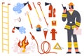 Firefighter, fireman character with fire fighting equipment tools. Fireman in uniform with fire hose hydrant, fire Royalty Free Stock Photo