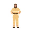 Firefighter, fireman, rescuer man in fireproof protective suit, clothes, uniform and helmet. Emergency services worker