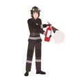 Firefighter, fireman or rescuer wearing fireproof protective uniform, helmet and holding fire extinguisher. Male cartoon